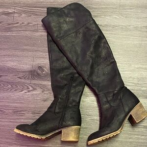 Kohl's Black Over the Knee Boots with Tan Heel